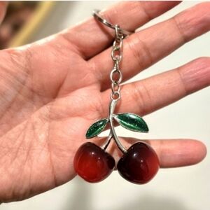 Cherry Charm Bag Charm/ Keychain with Silver and Green Accents